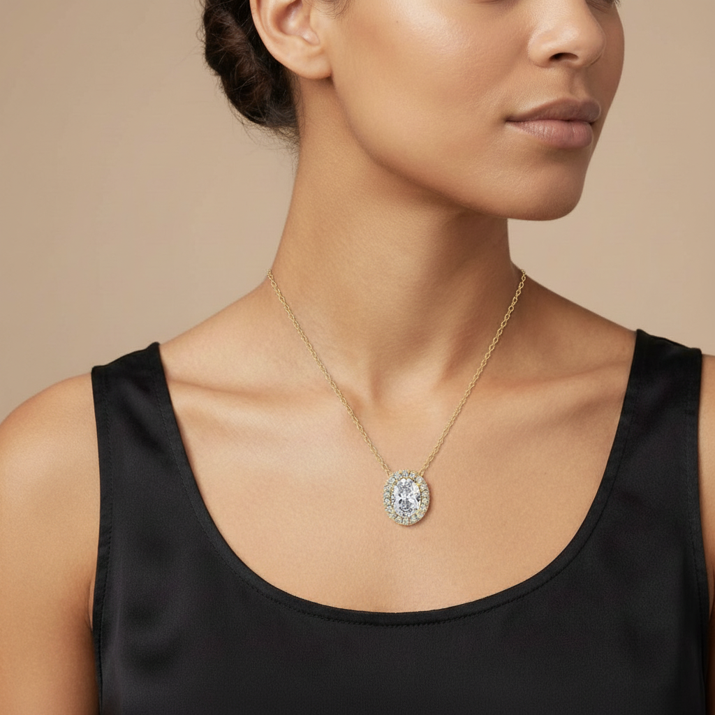 Oval Halo Floating Diamond Pendant Necklace⁠