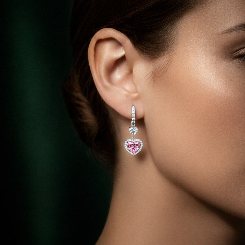 18K Solid Gold Angelica Halo Pink Heart Lab Grown Diamond Drop Earrings 7.2 Carat Total Weight