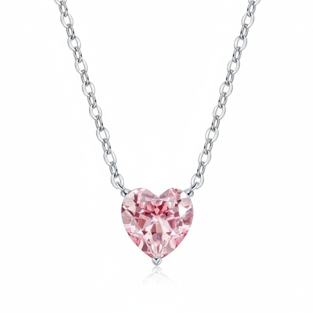 18K Solid Gold 1 Carat Pink Heart Lab Diamond Pendant Necklace