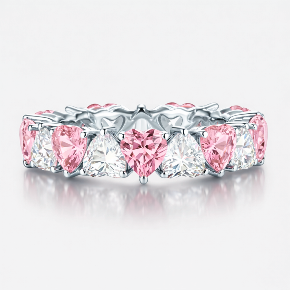 North-South Alternating Fancy Pink and White Heart Eternity Lab Grown Diamond Eternity  Band Ring 18K Gold
