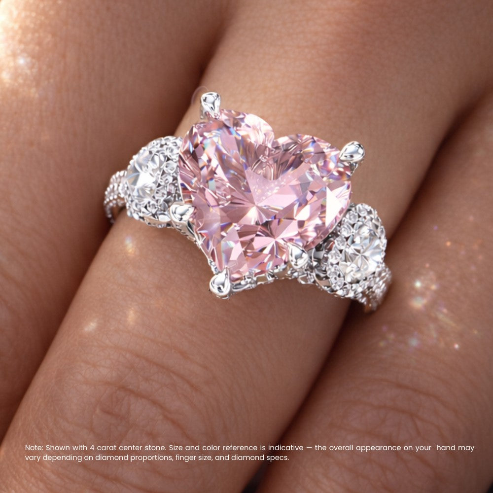 18K Solid Gold Pink Heart Trilogy Side Diamond Ring