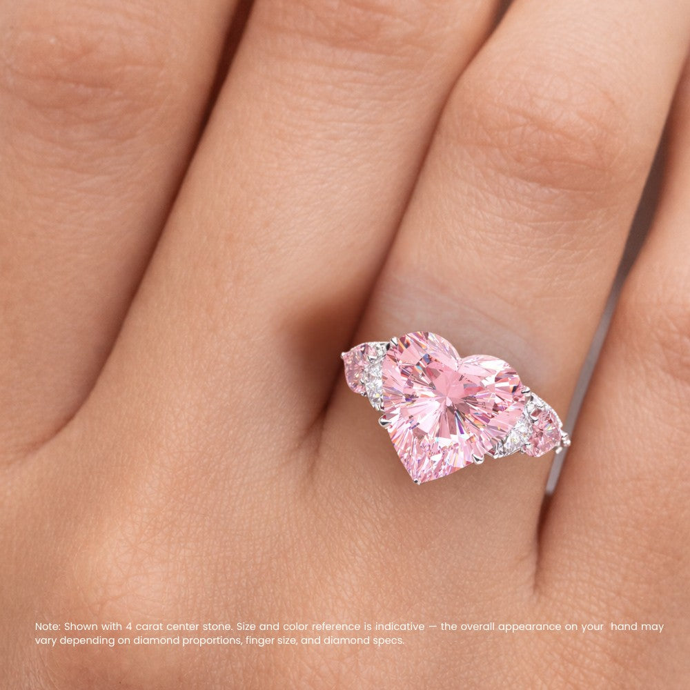 18K Solid Gold Fancy Pink Heart Quartet Pavé Lab Diamond Ring