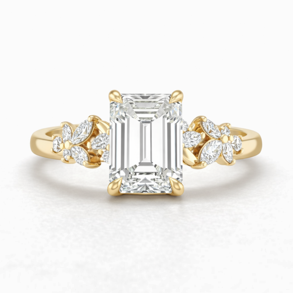 18K Solid Gold Emiliane Emerald Trilogy Lab Diamond Ring
