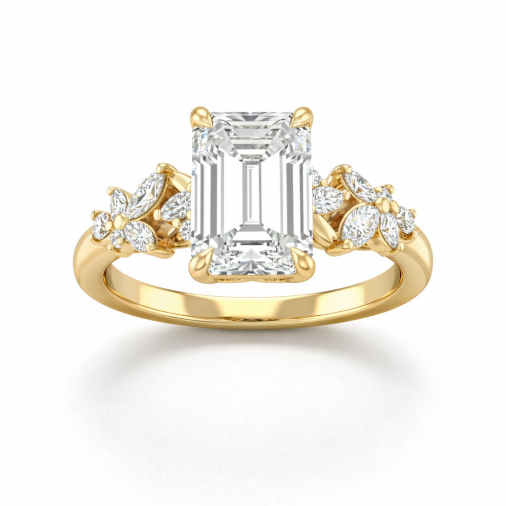 18K Solid Gold Emiliane Emerald Trilogy Lab Diamond Ring