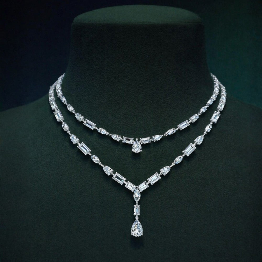 Double Strand Marquise & Baguette Diamond Drop Necklace⁠