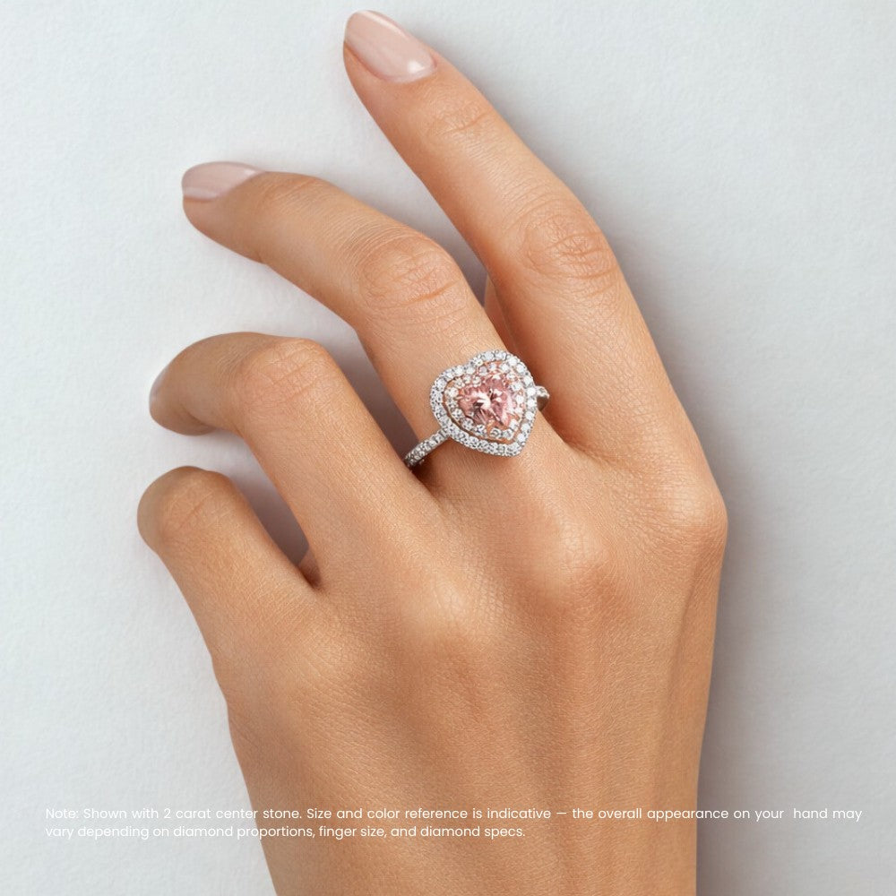 18K Solid Gold Pink Heart Double Halo Pavé Ring