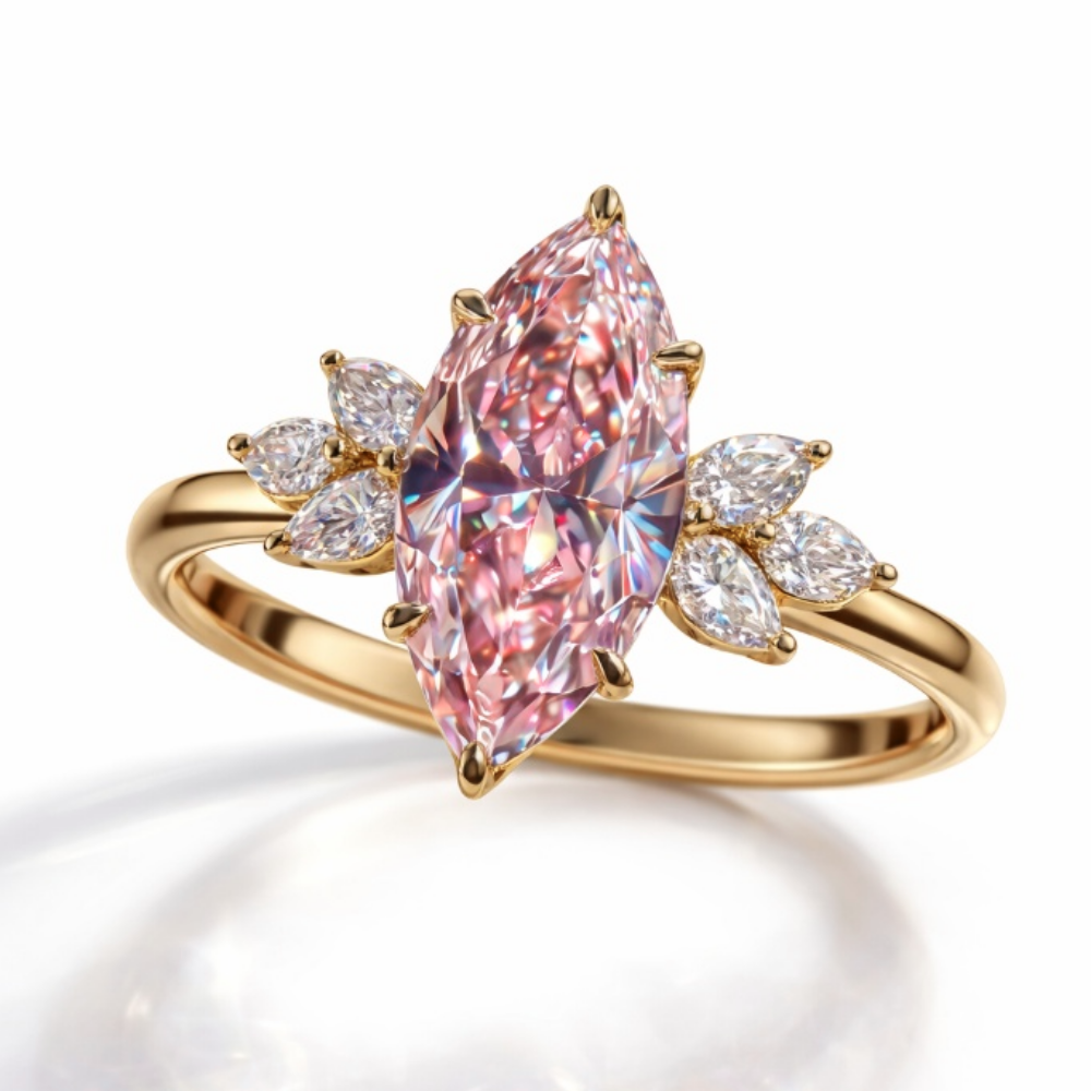 18K Solid Gold Fancy Pink Marquise Lab Grown Diamond Accent Ring