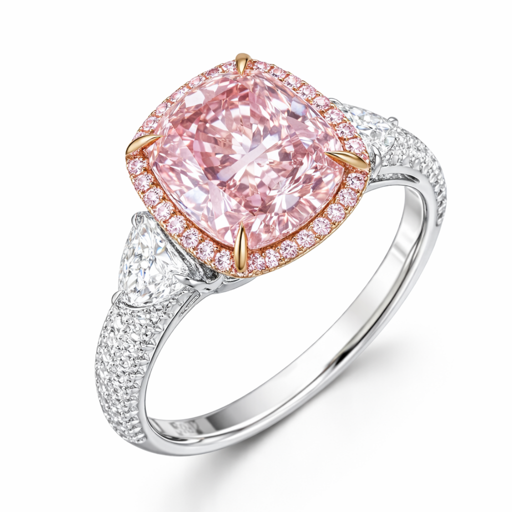 18K Solid Gold Stephania Fancy Pink Cushion Halo Trilogy Lab Diamond Ring
