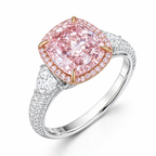 18K Solid Gold Stephania Fancy Pink Cushion Halo Trilogy Lab Diamond Ring