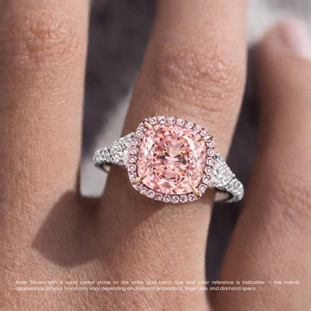 18K Solid Gold Stephania Fancy Pink Cushion Halo Trilogy Lab Diamond Ring