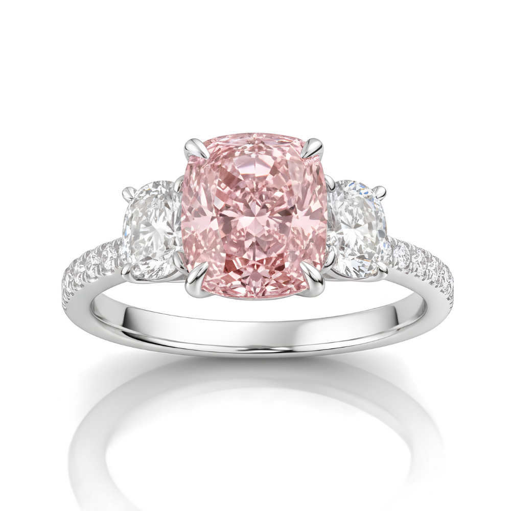 18K Solid Gold Fancy Pink Cushion Trilogy Pavé Lab Diamond Ring