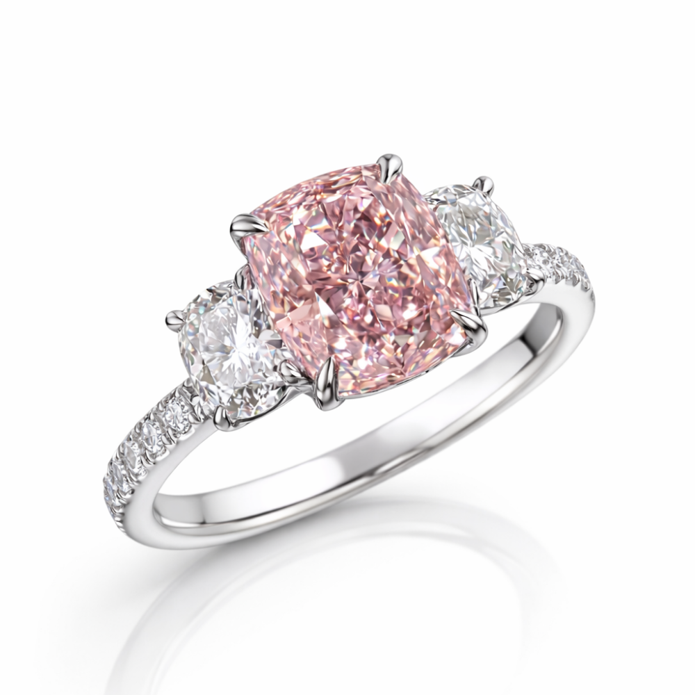 18K Solid Gold Fancy Pink Cushion Trilogy Pavé Lab Diamond Ring