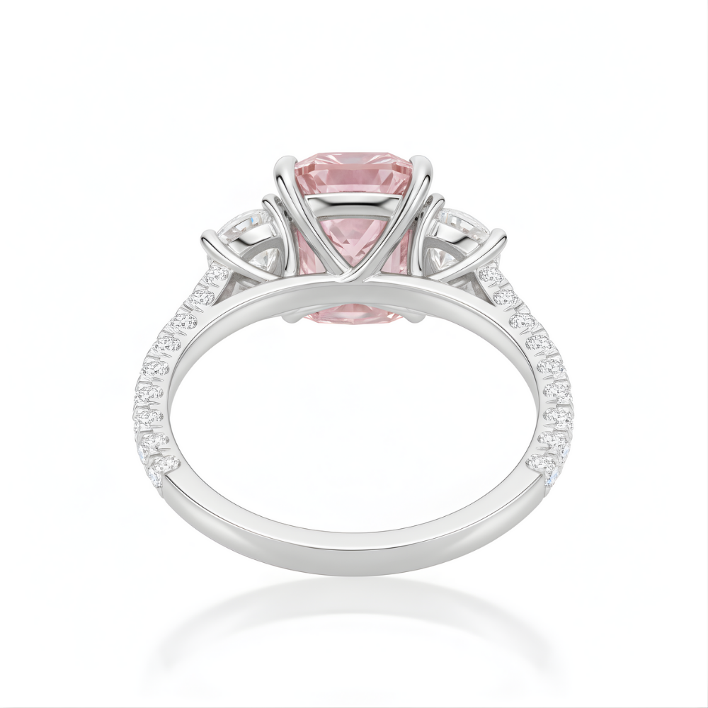 18K Solid Gold Fancy Pink Cushion Trilogy Pavé Lab Diamond Ring