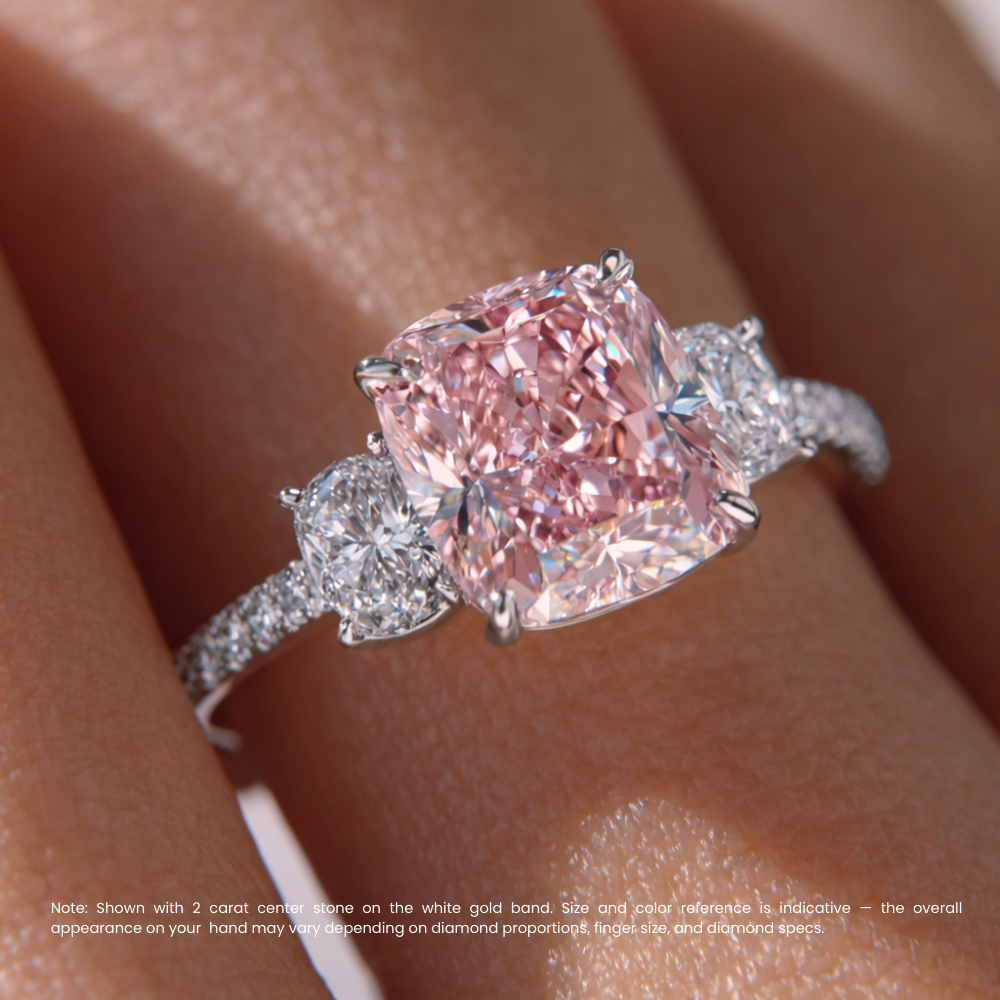 18K Solid Gold Fancy Pink Cushion Trilogy Pavé Lab Diamond Ring