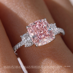 18K Solid Gold Fancy Pink Cushion Trilogy Pavé Lab Diamond Ring