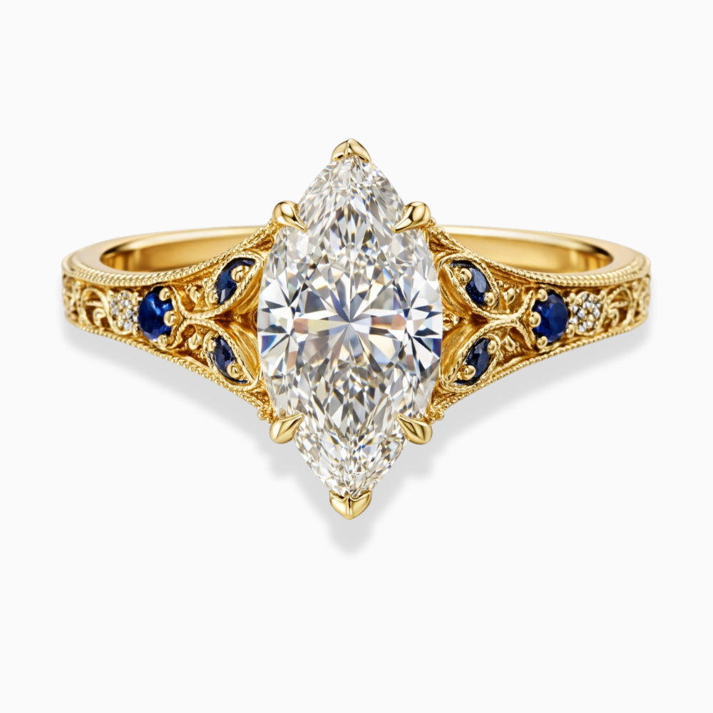 18K Solid Gold Marquise Lab Grown Diamond Vintage Sapphire Ring