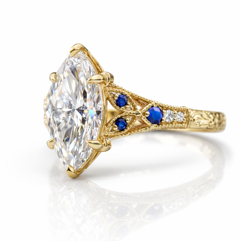 18K Solid Gold Marquise Lab Grown Diamond Vintage Sapphire Ring