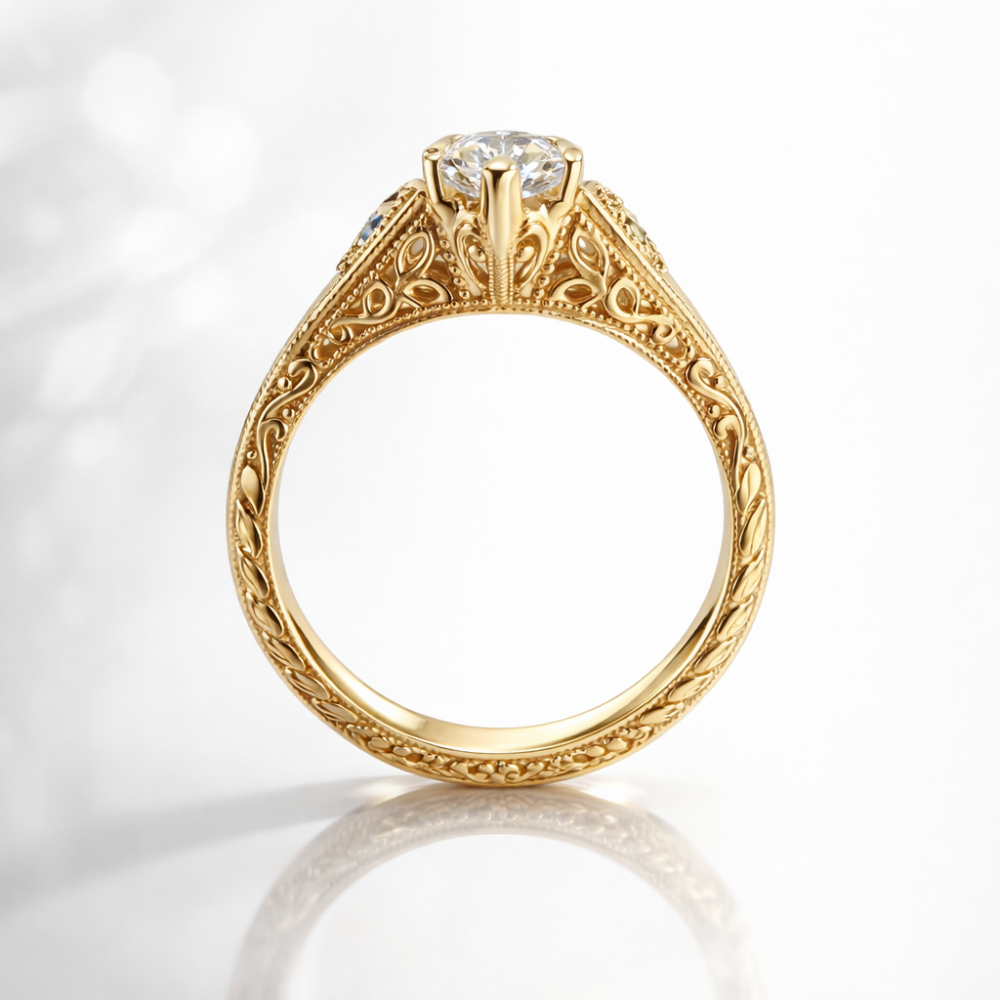 18K Solid Gold Marquise Lab Grown Diamond Vintage Sapphire Ring