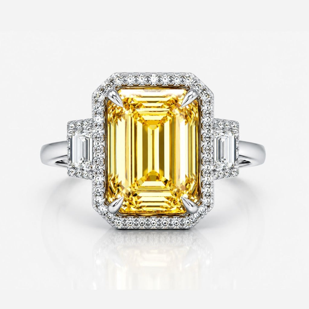 18K Solid Gold Fancy Yellow Emerald Halo Trilogy Lab Diamond Ring