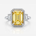 18K Solid Gold Fancy Yellow Emerald Halo Trilogy Lab Diamond Ring