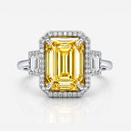 18K Solid Gold Fancy Yellow Emerald Halo Trilogy Lab Diamond Ring
