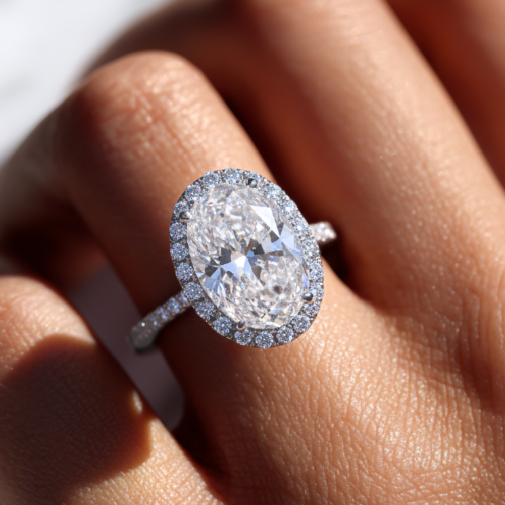 4 Carat Halo Pave Lab Grown Diamond Engagement Ring in 18k Gold