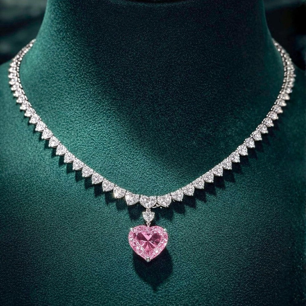 ⁠Fancy Pink Heart Pendant Diamond Tennis Necklace⁠