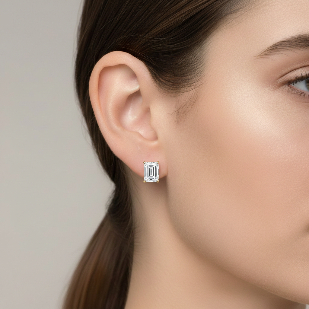 Emerald Cut Diamond Stud Earrings in Solid Gold