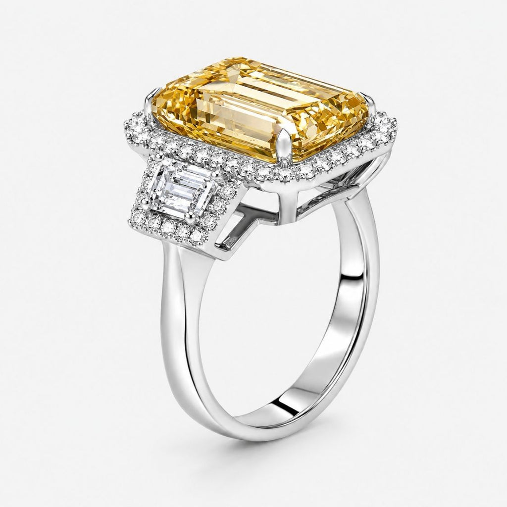 18K Solid Gold Fancy Yellow Emerald Halo Trilogy Lab Diamond Ring