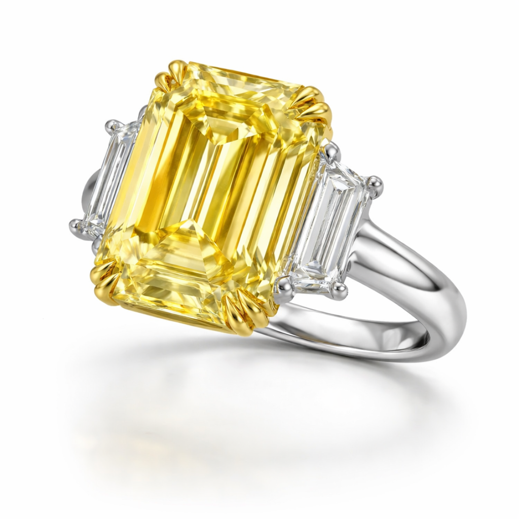 18K Solid Gold Fancy Yellow Emerald Trilogy Lab Diamond Ring
