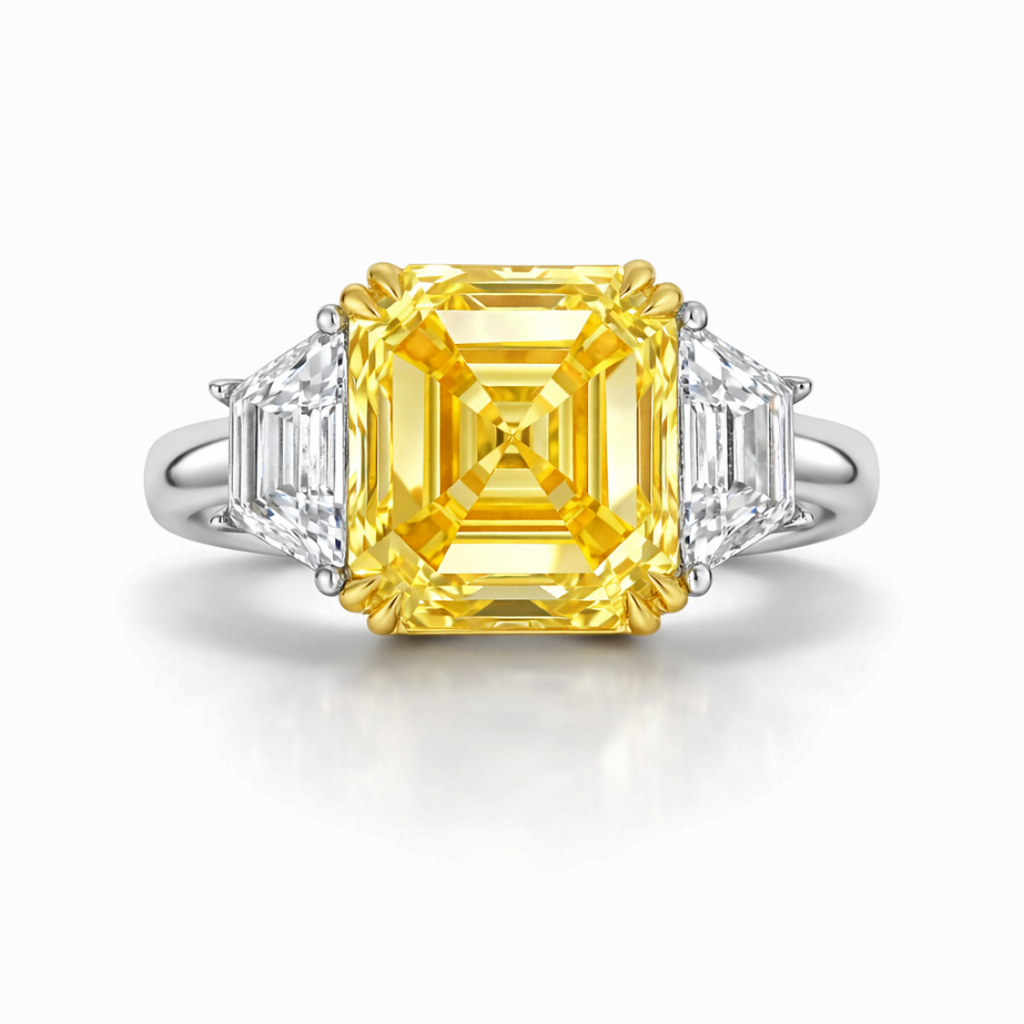 18K Solid Gold Fancy Yellow Asscher Three Stone Lab Diamond Ring
