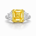 18K Solid Gold Fancy Yellow Asscher Three Stone Lab Diamond Ring