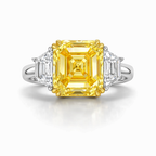 18K Solid Gold Fancy Yellow Asscher Three Stone Lab Diamond Ring