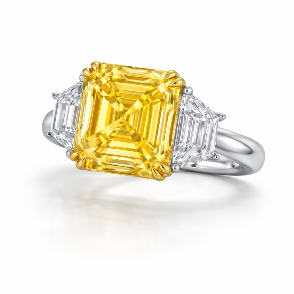 18K Solid Gold Fancy Yellow Asscher Three Stone Lab Diamond Ring