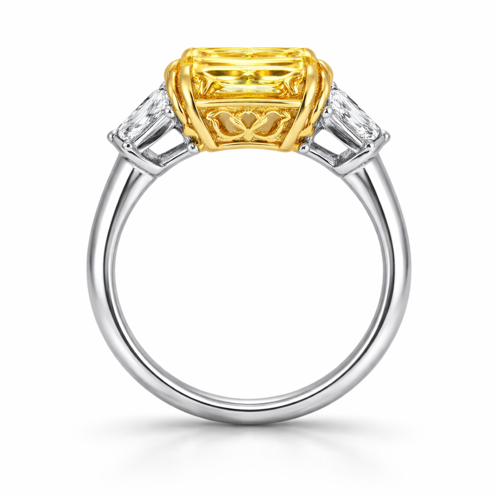 18K Solid Gold Fancy Yellow Asscher Three Stone Lab Diamond Ring