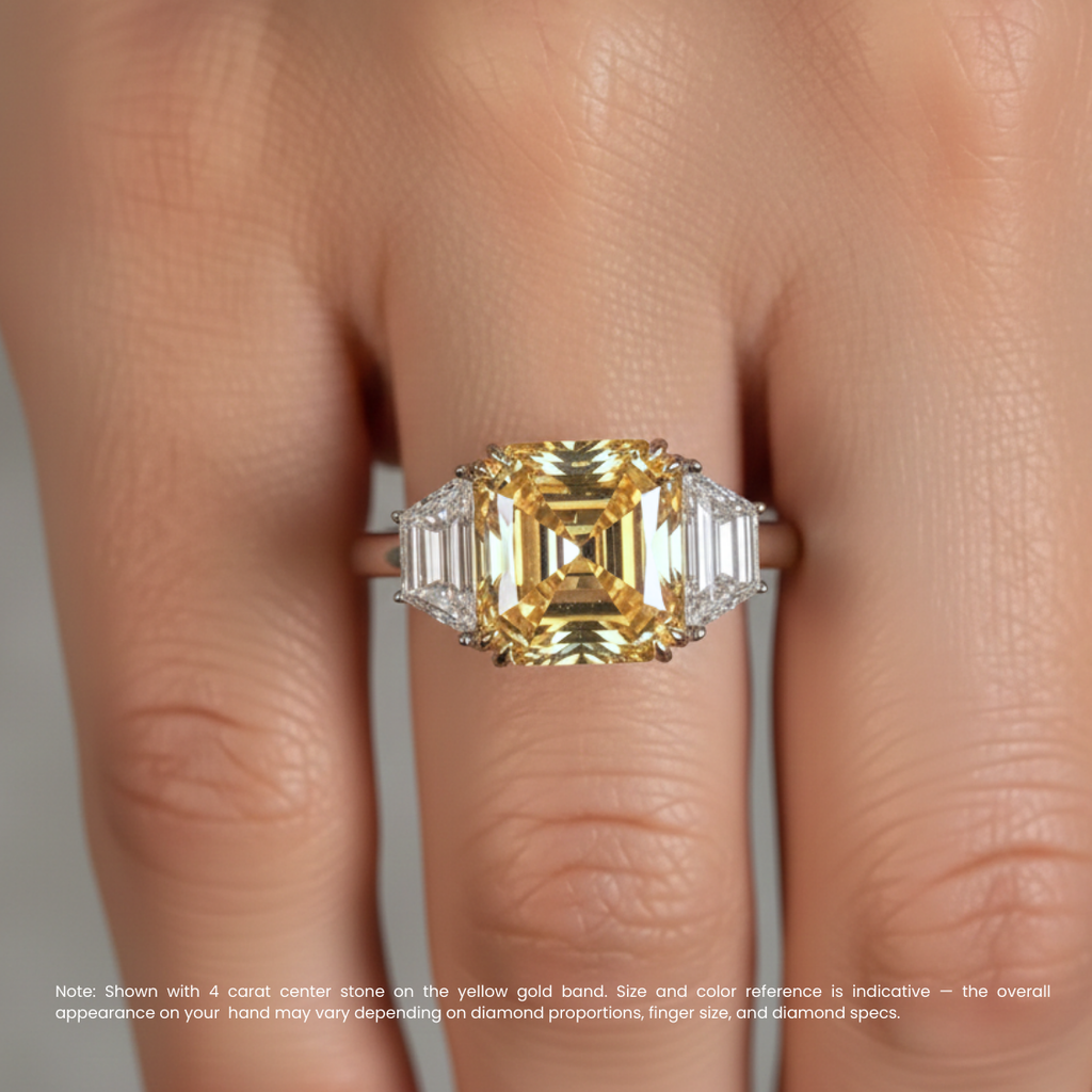 18K Solid Gold Fancy Yellow Asscher Three Stone Lab Diamond Ring