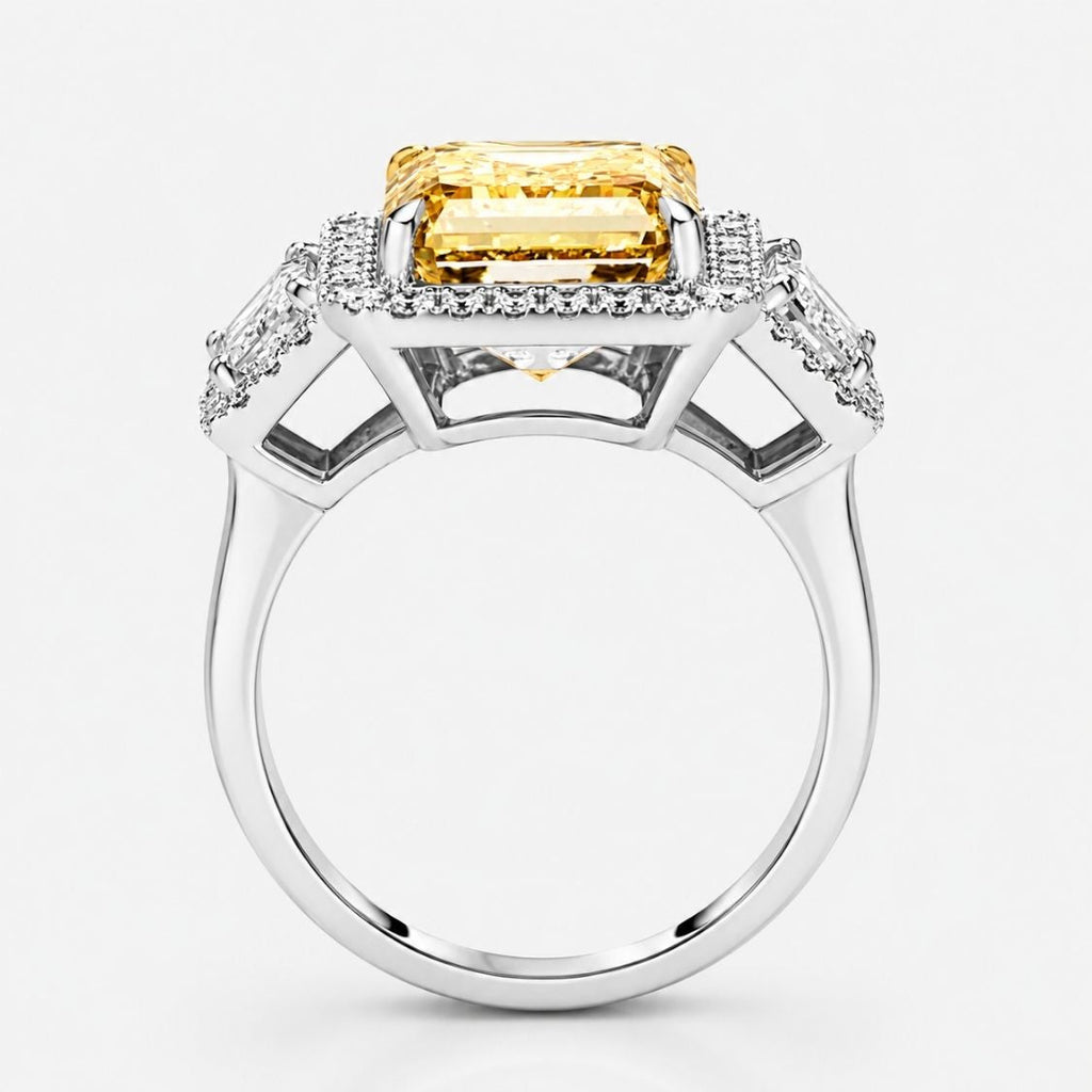 18K Solid Gold Fancy Yellow Emerald Halo Trilogy Lab Diamond Ring