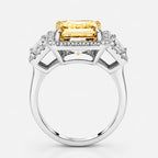 18K Solid Gold Fancy Yellow Emerald Halo Trilogy Lab Diamond Ring
