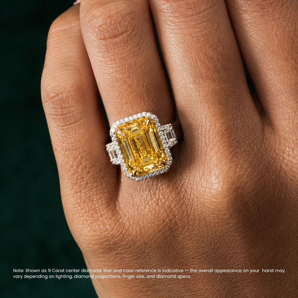 18K Solid Gold Fancy Yellow Emerald Halo Trilogy Lab Diamond Ring