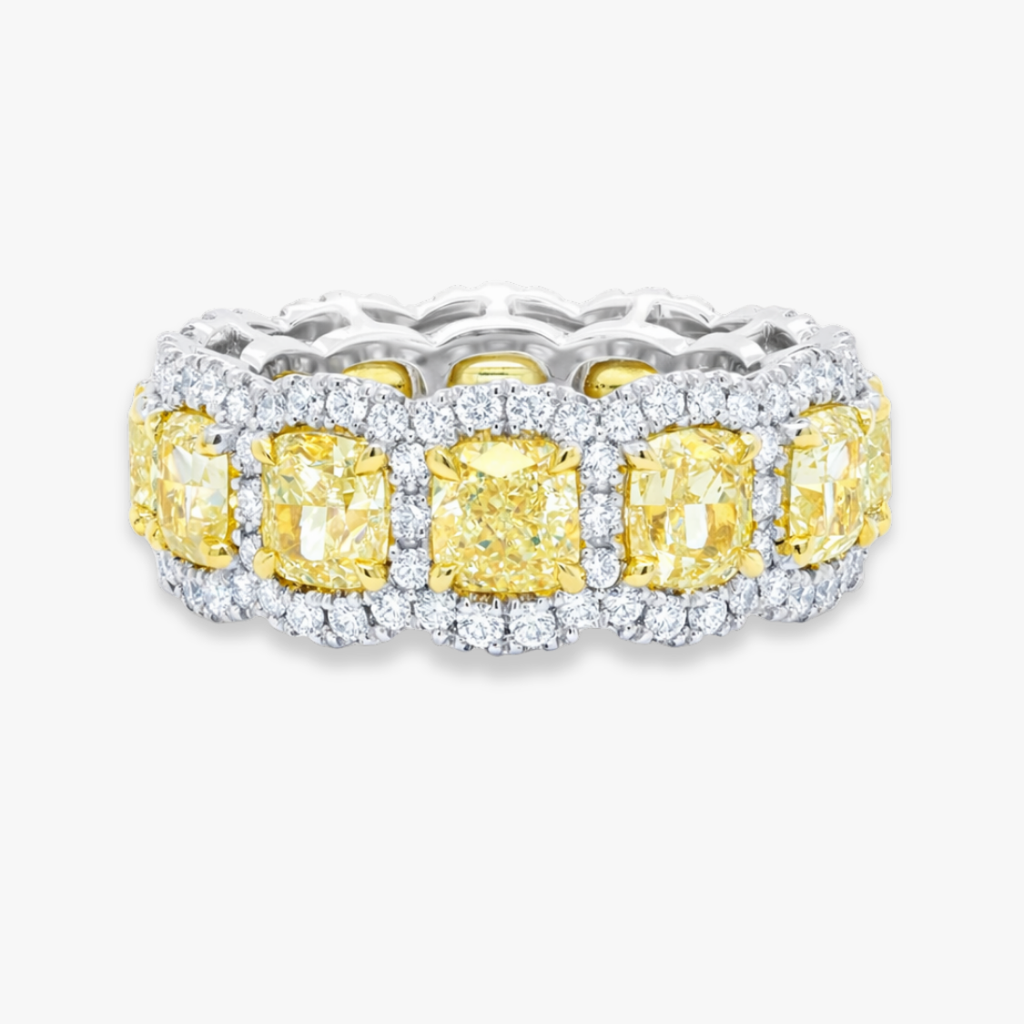 18K Solid Gold Yellow Cushion Halo Diamond Eternity Ring
