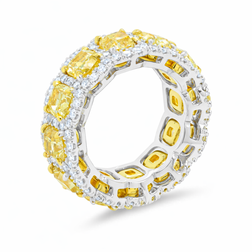 18K Solid Gold Yellow Cushion Halo Diamond Eternity Ring