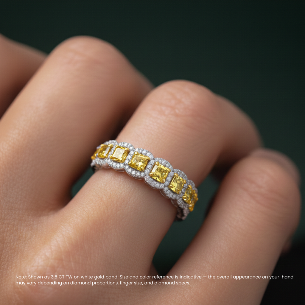 18K Solid Gold Yellow Cushion Halo Diamond Eternity Ring