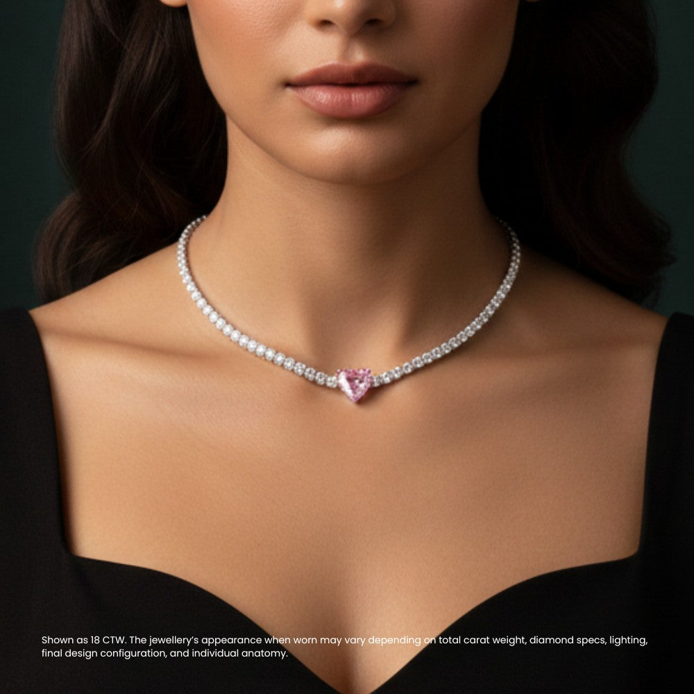 Fancy Pink Heart Diamond Solitaire Tennis Necklace⁠