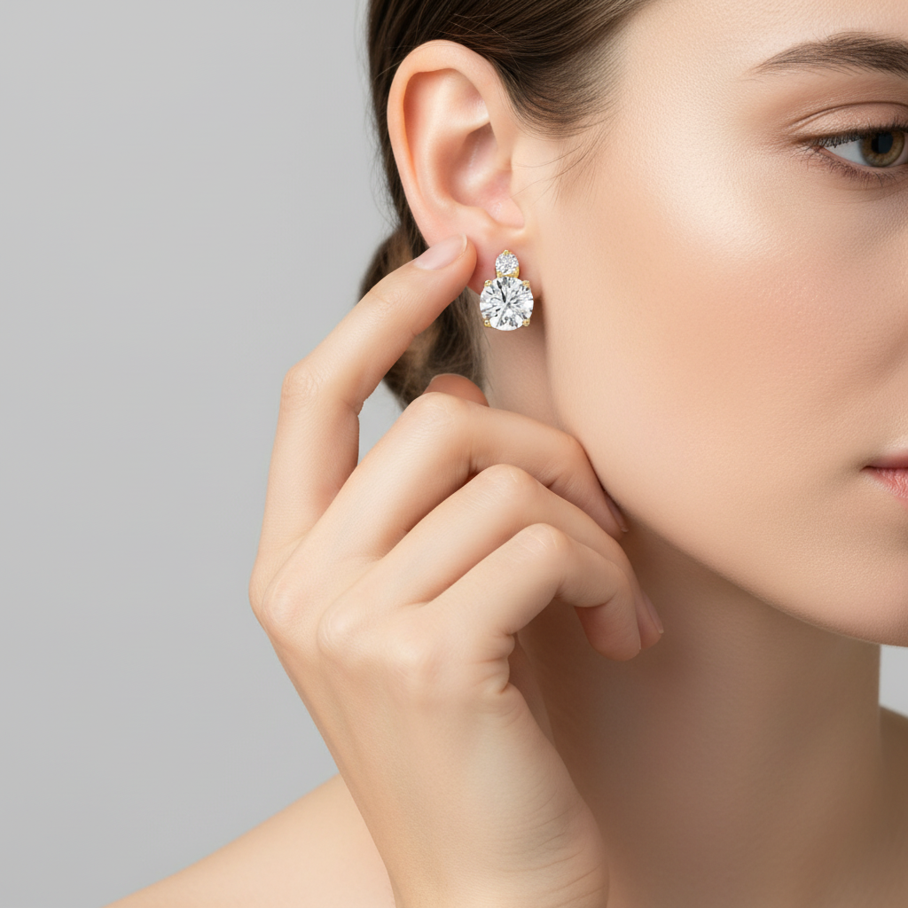 Double Round Diamond Earrings in Solid Gold