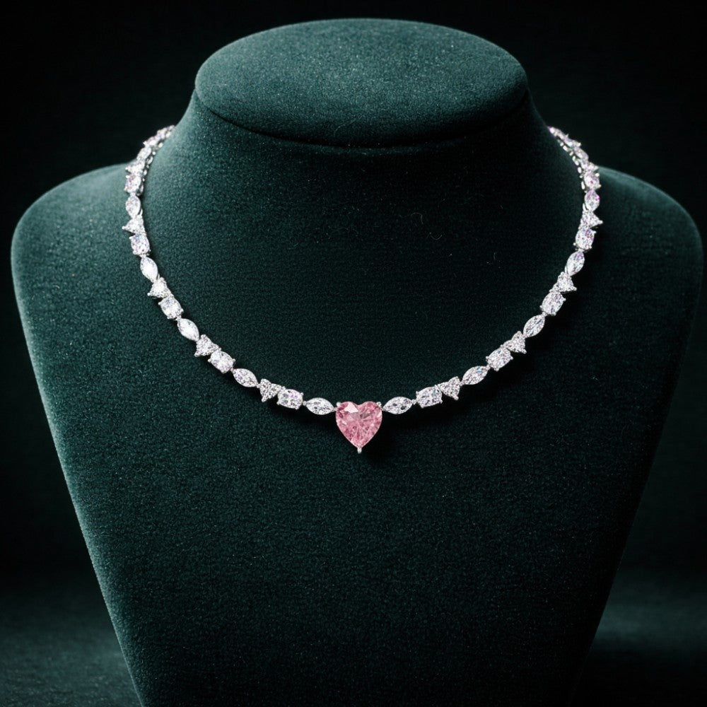 Fancy Pink Heart Diamond Alternating Tennis Necklace⁠
