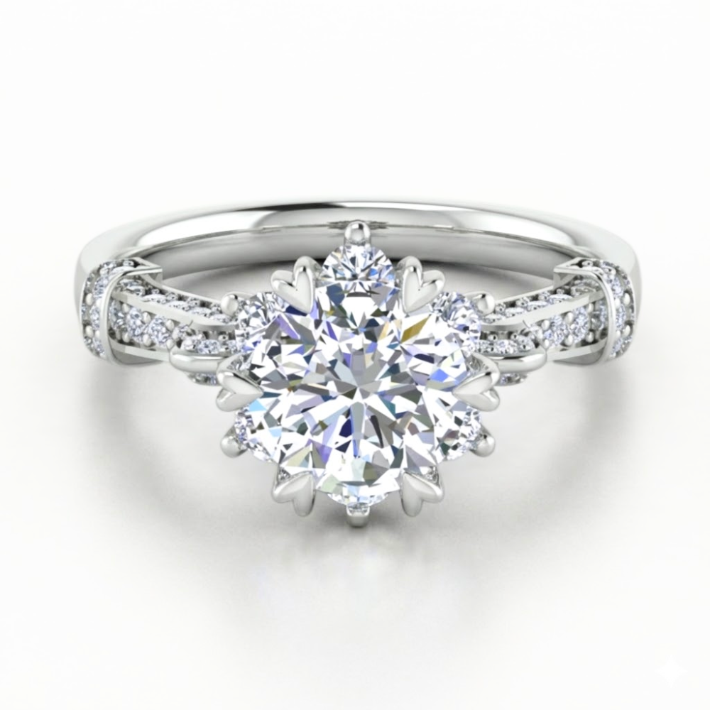 Round Cut Snowflake Halo Pavé Engagement Ring in Solid Gold⁠