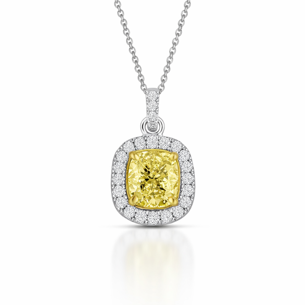 Halo Yellow Cushion Pendant Lab Diamond ( 3 ct. tw. ) Necklace 18K Gold