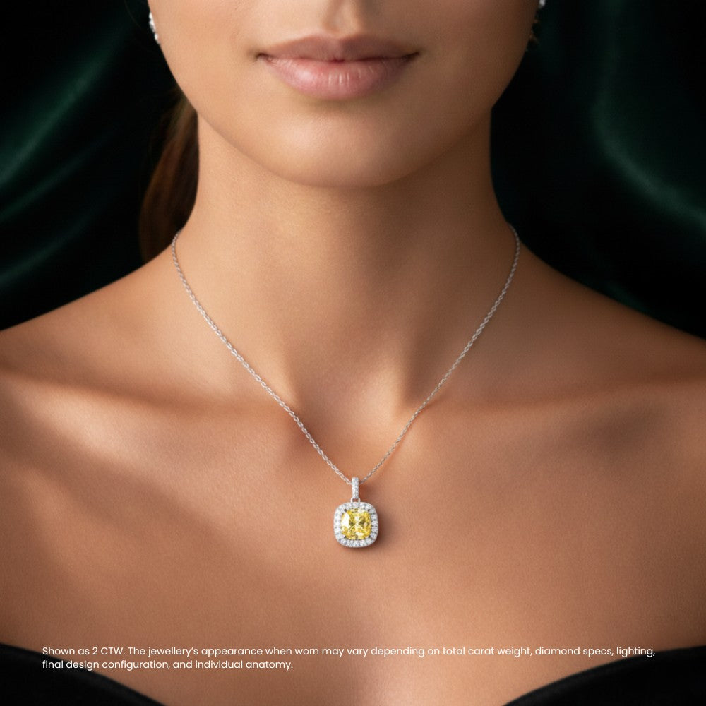 Fancy Yellow Cushion Diamond Halo Pendant Necklace⁠