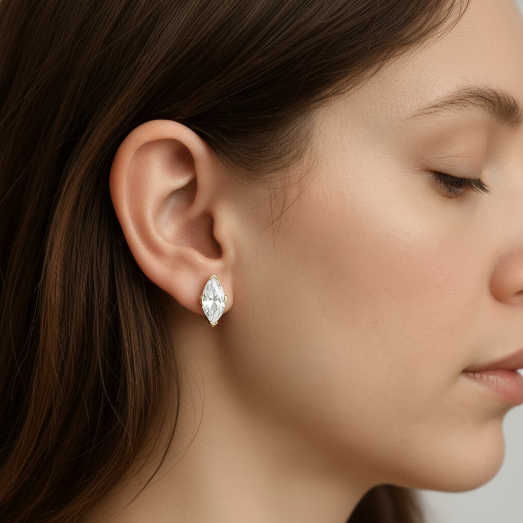 Marquise Cut Diamond Stud Earrings in Solid Gold