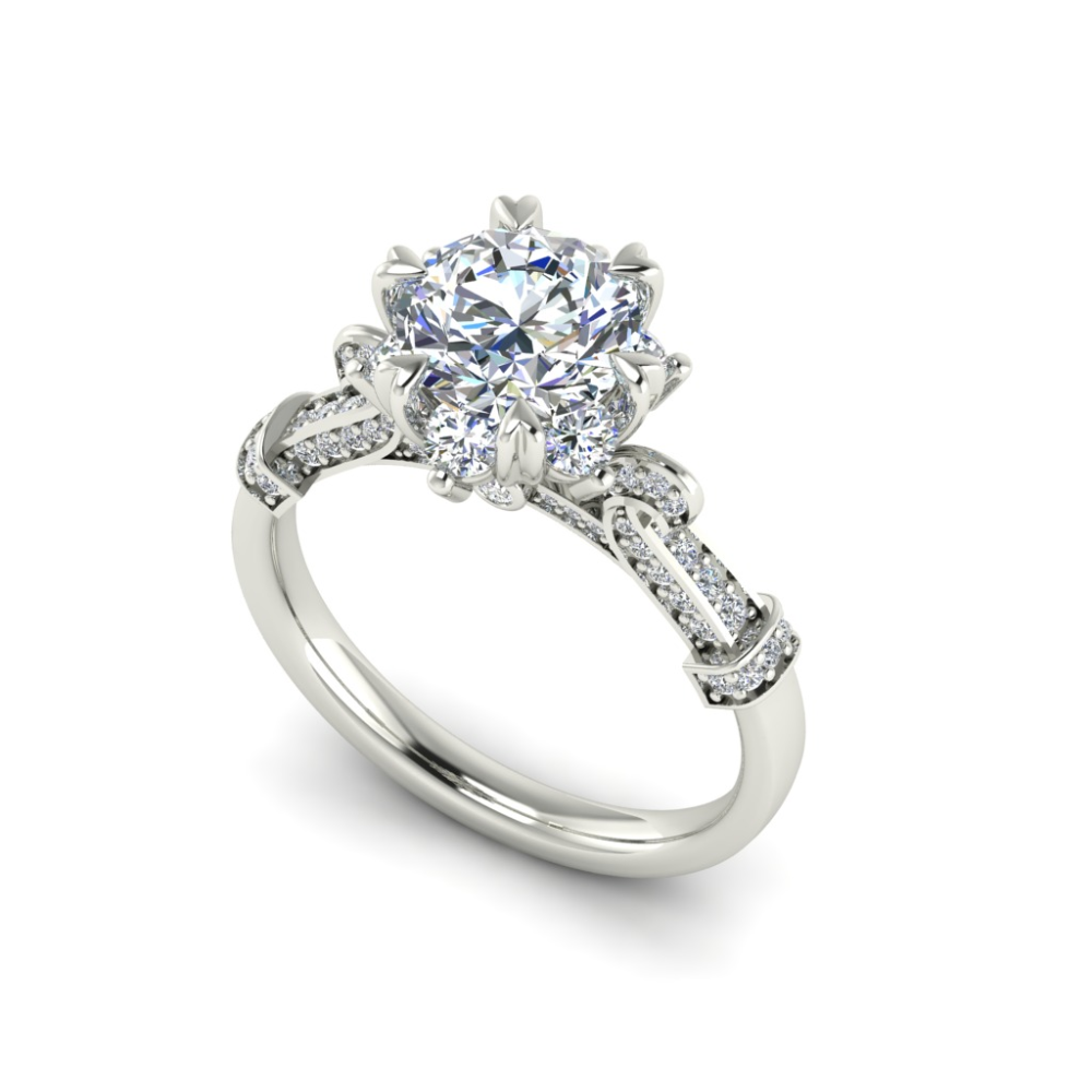 Round Cut Snowflake Halo Pavé Engagement Ring in Solid Gold⁠